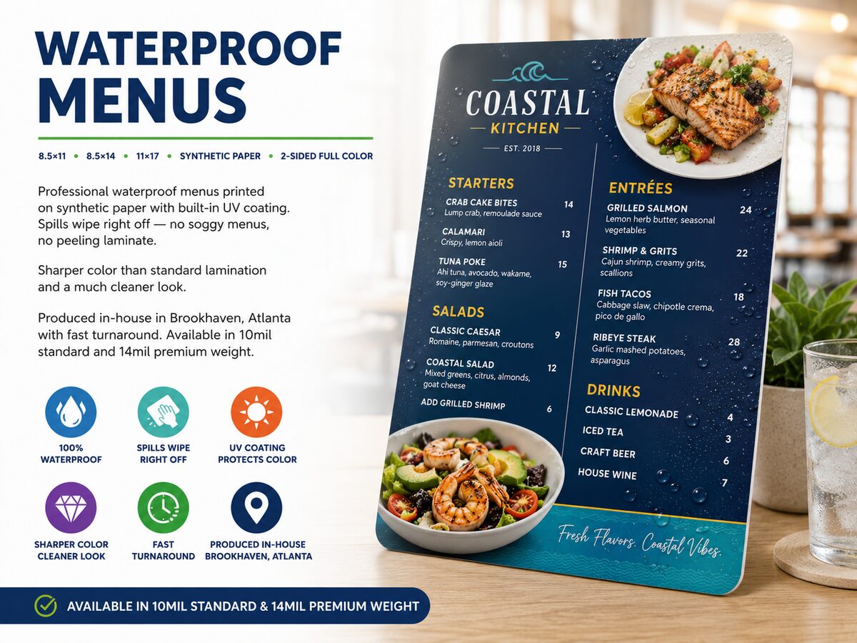 Waterproof menu printing Atlanta